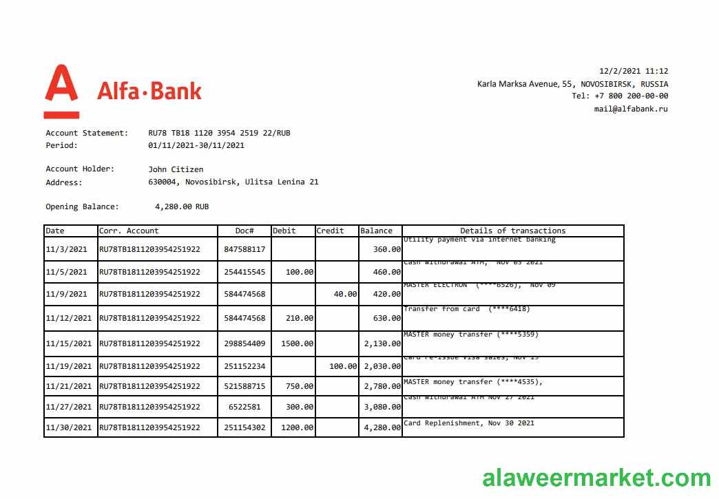 Russia Alfa bank statement easy to fill template in .xls and .pdf file format